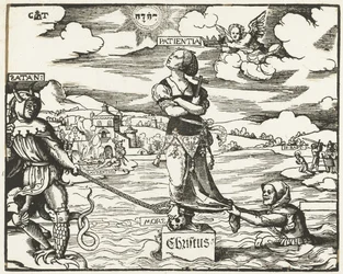 Geduld (Patientia) op een steen in het water
