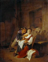 Oude man worstelt met jonge vrouw in ...