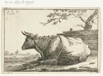 Landschap met liggende koe met dek op de rug