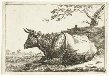 Landschap met liggende koe met dek op de rug