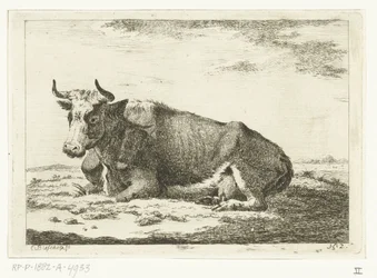 Landschap met liggende koe met horens