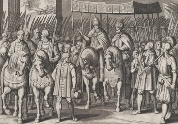 Plaat 3: Karel V gekroond tot keizer die Rome binnenkomt met de paus, uit de Triomfen van Karel..., 1614