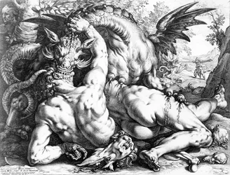 Draak die de metgezellen van Cadmus verslindt, gegraveerd door Hendrik Goltzius, 1588