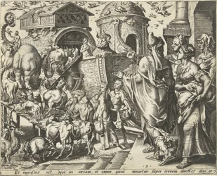 Noach gaat met zijn familie en de dieren aan boord van de ark