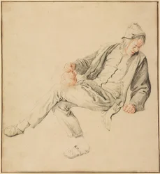 Een zittende boer kijkt naar rechts en houdt een waterkruik vast