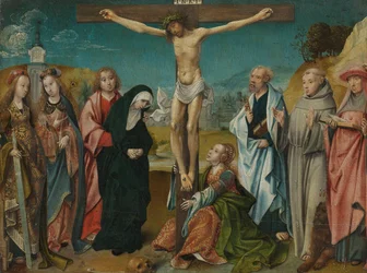 Christus aan het kruis, met Maria, Johannes, Maria Magdalena en de heiligen Cecilia en Barbara (links) en Petrus, Franciscus en Hiëronymus (rechts)