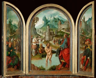 De profeet Elisa geneest de Syrische kapitein Naeman van melaatsheid in het water van de Jordaan (schilderij op eikenhout)