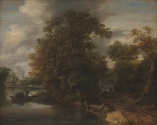 Landschap bij een rivier. Op de achtergrond een kalkoven