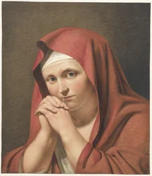 Vrouw in het rood, met gevouwen handen