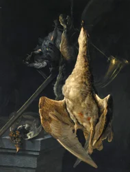 Jachtstilleven met een gans, een haas, een jachthoorn, een jachtgeweer en ander wild