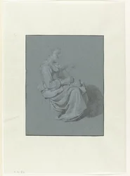 Zittende vrouw, in profiel naar rechts, met een kruik in haar rechterhand