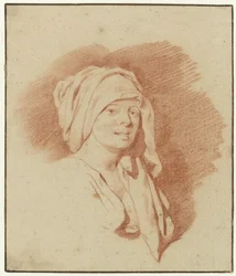 Studie van een vrouw, buste lengte, met een hoofdtooi, naar rechts gericht