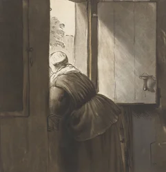 Een vrouw leunend op de onderste deur, naar Rembrandt van Rijn