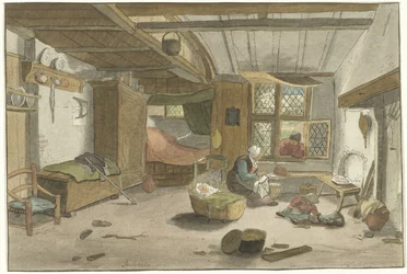 Interieur met vrouw bij wieg