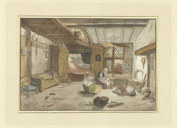 Interieur met vrouw bij wieg