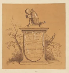 Staande putto op een monument met opdracht aan Jonas Witsen