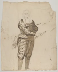 Studie van een staande commandant met een staf, verso