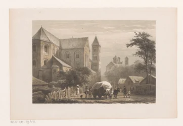 Runderen met wagen voor elfde-eeuwse kerk