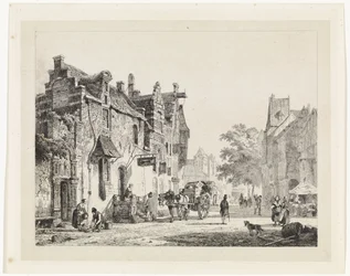 Stadsgezicht met paardenkar