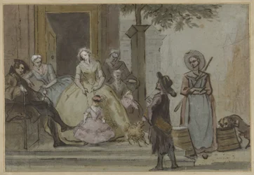 Draailierspeler voor een luisterende familie op de stoep van een stadshuis