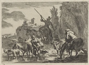 Herders met vee doorwaden een beek