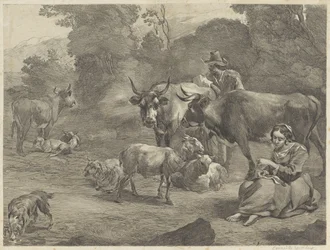 Landschap met een herder en een naaiende herderin