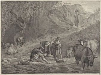 Wasvrouwen en een herder aan de waterkant