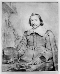 Halffiguurportret van een bebaarde man zittend aan een tafel