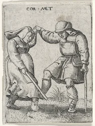 Een man met een verbonden voet die danst met een vrouw, 1572 (gravure op laid papier)