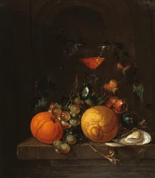Een Citroen, een Sinaasappel, Druiven, een Oester en een Glas Wijn op een Richel