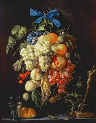 Boeket Fruit met Eucharistische Symbolen op een Richel
