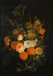 Bos rozen, anjers, sinaasappels, druiven, eikels en kastanjes