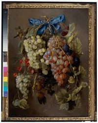 Stilleven van druiven, kersen en pruimen hangend aan een spijker met een blauw lint