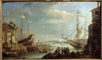 Zeehaven in de 17e eeuw Schilderij door Cornelius de Waez (1592-1667) 17e eeuw Chalons sur Marne, Museum voor Schone Kunsten