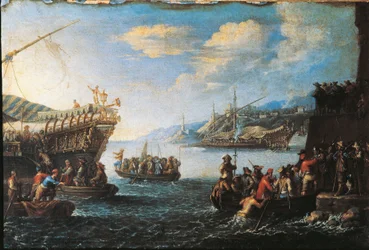 Troepen inschepen op galei in de Haven van Genua