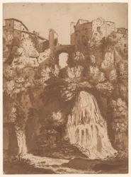 Uitzicht op Tivoli met de brug over de Anio-waterval