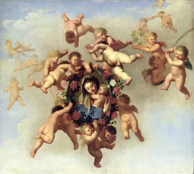 Engelen dragen een portret van de Madonna naar de hemel