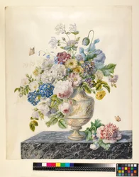 Een marmeren vaas met gemengde bloemen op een marmeren plank, ca. 1800