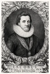 Portret van James I, koning van Groot-Brittannië, gegraveerd door R.White, 1669