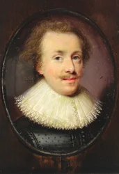 Een heer in een zwart gedessineerd wambuis met een afhangende, met kant afgewerkte molensteenkraag