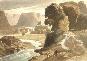 Bergachtig landschap met een kasteel (mogelijk een uitzicht in Wales)