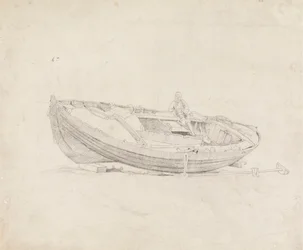 Studie van een afgemeerde boot met zittende figuur