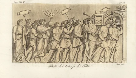 Romeinse soldaten marcheren in processie met oorlogsbuit op de Boog van Titus