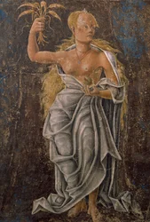 Deken, detail Maagd van het Teken, scène uit de maand augustus