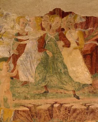 Wanhoop van de dienstmeiden van Proserpina, detail van Triomf van Ceres, scène uit Maand Augustus, toegeschreven aan Cosimo Tura en Meester van Ercole, fresco, noordmuur, Hal van de Maanden, Palazzo Schifanoia (Paleis van Vreugde), Ferrara, Italië, circa 1