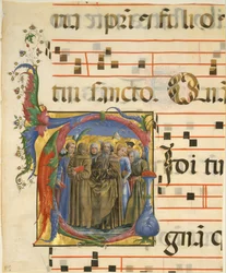 Manuscript Verlichting met Alle Heiligen in een Initiaal V, uit een Antifonarium