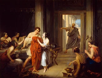 De Griekse filosoof Socrates (470-399 v.Chr.) ontdekt de jonge Alcibiades (450-404 v.Chr.) met een hetaire (Griekse prostituee)
