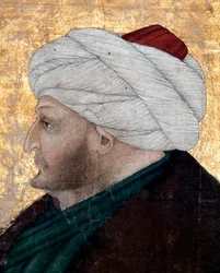 Portret van de Ottomaanse Sultan Mehmet II (Mehmed II de Veroveraar of Muhammad II Fatih) (1430-1481) Schilderij door miniaturist Costanzo da Ferrara (circa 1450-1524). Detail (detail). Topkapi Sarayi Museum Bibliotheek Istanboel