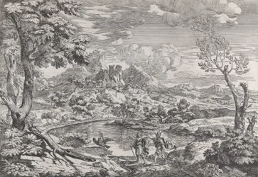 Landschap met een man die Mercurius de adelaar van Jupiter toont, ca. 1695-99