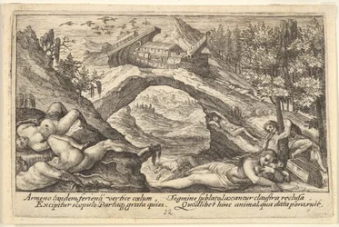 Nasleep van de zondvloed: menselijke lichamen liggen op het droge land op de voorgrond verspreid, de ark van Noach ligt aangemeer..., 1612.